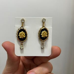 Vintage "Celebrity" Rose Black and Gold Cameo CLIP-ON Earrings